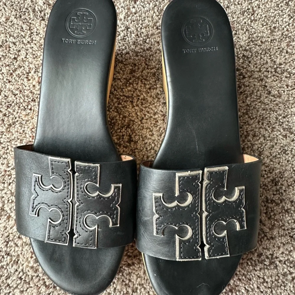 Tory Burch Black Leather Logo Slide Sandals